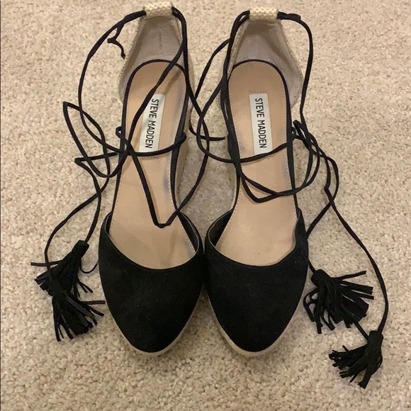 Sexy Steve Madden Wrap up Lace Black Heel Espadrilles - Picture 1 of 4